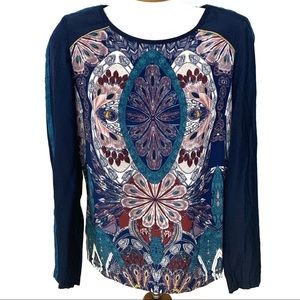 Color Block Navy Top with Multicolor Print Top